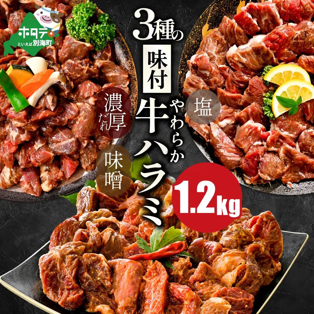 【ふるなび限定】北海道 別海町 3種 の 味付け 牛ハラミ 1.2kg( 塩・味噌・醤油)【NS0000KO0】
