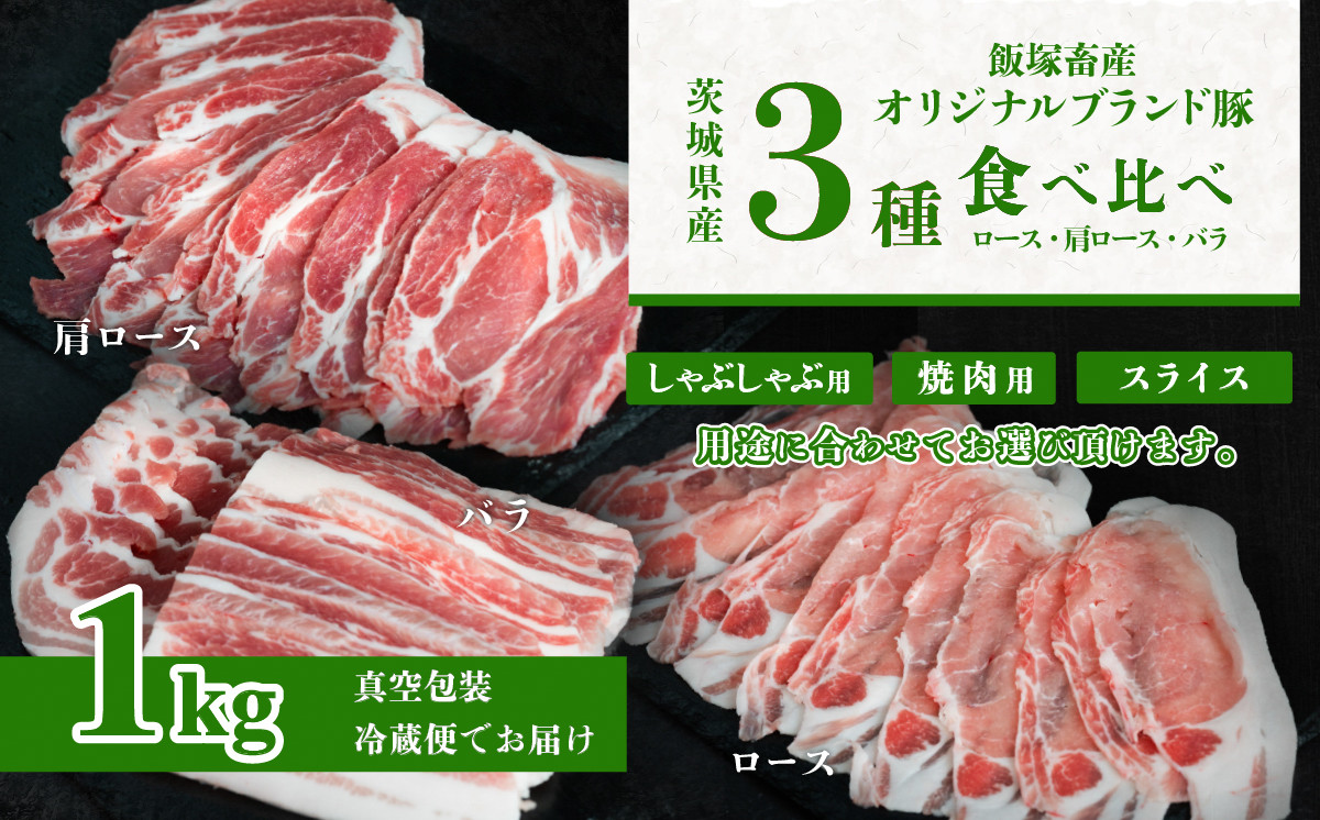 
            飯塚畜産 自社 ブランド豚  3部位 食べ比べ 計 1kg ( ロース 310g / 肩ロース 330g / バラ 360g )【 用途で選べる スライス 】 しゃぶしゃぶ用 2mm / 通常 スライス 3mm / 焼肉用 5mm 【 茨城 下妻 国産 豚肉 銘柄豚 生姜焼き 切り身 炒め物 冷蔵 クール おかず 中華 BBQ バーベキュー 真空パック 】
          