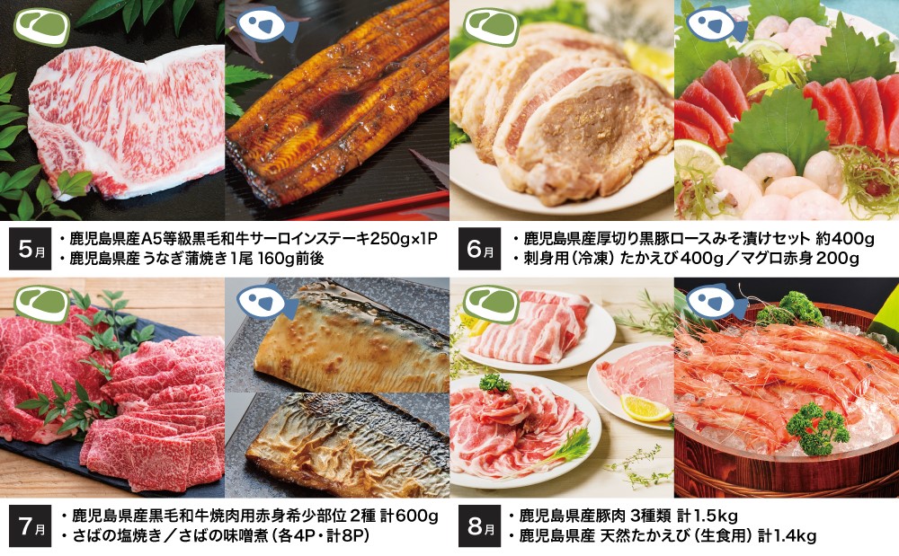 【定期便】海幸山幸 エクストラ厳選 定期便（全12回） お肉 お魚 豚肉 牛肉 黒豚 鹿児島黒牛 すき焼き サーロイン ステーキ しゃぶしゃぶ 角煮 鰻 蒲焼 刺身用 たかえび 薩摩甘えび 海老 マグ