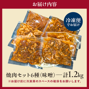 焼肉セット6種（味噌）【195014 】味付け 味噌 簡単 1.2kg BBQ バーベキュー 牛モモ 牛カルビ 牛ウデ 牛肩ロース 牛さがり 鶏もも 小分け 冷凍保存