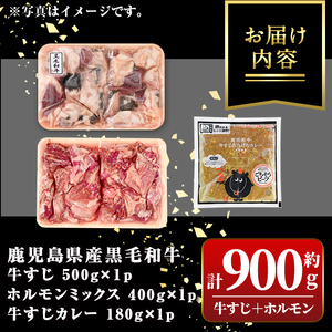 【A91032】黒毛和牛牛すじ・ホルモンミックス(約500g＋約400g)+牛すじだらけのカレー(180g)セット 鹿児島 国産 九州産 黒毛和牛 牛肉 お肉 ビーフ 牛すじ ホルモン ミックス モツ