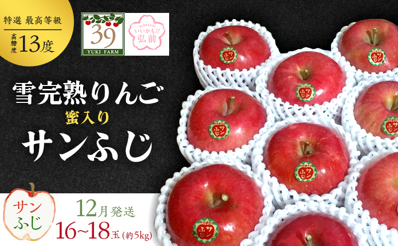 りんご 【 数量限定 】12月発送 雪完熟りんご 最高等級 蜜入り 糖度13度以上 「特選」弘前市産 サンふじ 約 5kg 16～18個 【 弘前市産 青森りんご 】