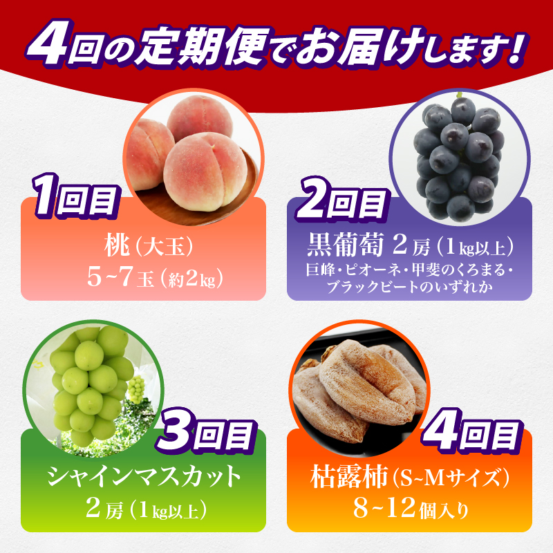 【定期便】甲州の名産品が詰まった厳選フルーツ4回定期便 桃・黒葡萄・シャインマスカット・枯露柿【2026年度発送】（IS）E-465
