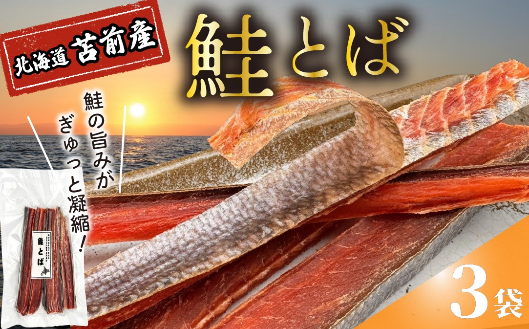 
                  鮭とば 3袋 北海道苫前産 珍味 海鮮 乾物 おつまみ 肴 アテ サケ シャケ 北海道 苫前町 とままえ kit24
                