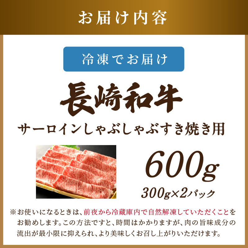 【厳選部位】【A4～A5】長崎和牛サーロインしゃぶしゃぶすき焼き用 600g(300g×2p)( 牛肉 和牛 サーロイン おすすめ しゃぶしゃぶ すき焼き 冷凍 国産 送料無料 肉 プレゼント 小分け お取り寄せ 美味しい )【181-0026】