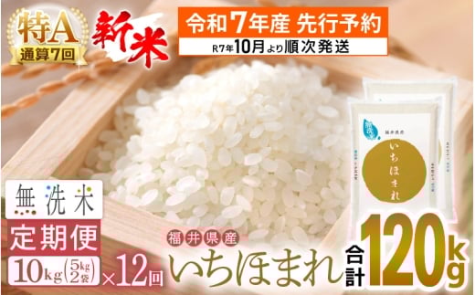 【新米・先行予約】令和7年産 無洗米 定期便 12回 いちほまれ 10kg × 12回（計120kg）特A 通算7回！福井県産【お米 コメ kome 12ヶ月連続 計120キロ 精米 白米 便利 時短】【令和7年10月より順次発送予定】 [e27-q002]