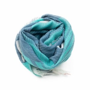【播州織ダブルフェイスブロックコットンストール】LAGOON.TURQUOISE  44-14