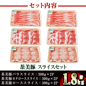 i965 ＜Ｃ-3201＞鹿児島茶美豚スライスセット(バラ・カタロース・ロース各300g×2・計1.8kg)豚肉 チャーミートン 国産 詰め合わせ セット 鹿児島県産 肩ロース ロース スライス バラ