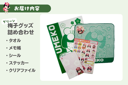 梅子グッズの詰め合わせ（グリーン） 梅子 グッズ タオル シール クリアファイル ファイル メモ帳 メモ 佐布里 梅 特産品 イラスト 日用品 観光大使 伝統工芸品 贈答 プレゼント 愛知県 知多市