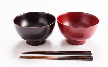 【安比塗漆器】 5寸そば椀×2客（本朱・溜）といぶり箸×2 セット ／ 漆器 漆塗り 安比塗 お椀 そば椀 蕎麦椀 食器 和食器 木製 箸 お箸 はし おはし ペア 伝統工芸品 贈り物 誕生日 プレゼ