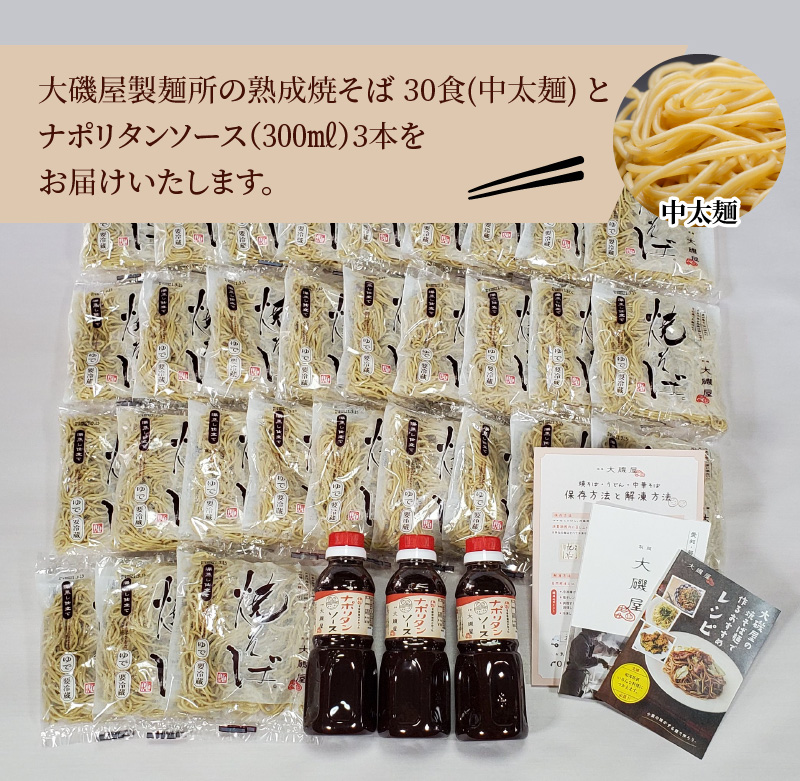 メディア紹介多数！大磯屋製麺所の熟成焼そば 30食(中太麺) ナポリタンソース3本付き　H014-038