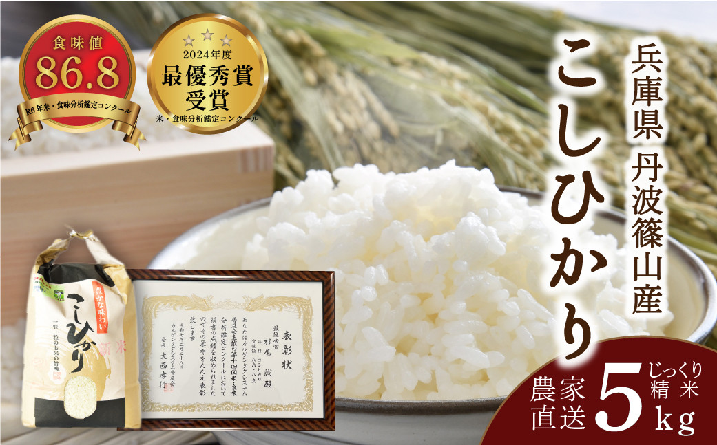 
            【予約 2025年9月末以降、順次発送】令和7年産　お米　コシヒカリ　丹波篠山産　じっくり精米5kg　白米 100％単一原料米 産地直送米 贈答 おいしい お米 精米 コシヒカリ ブランド おこめ 健康 ギフト 内祝い 贈り物 送料無料 おすすめ 人気 口コミ
          