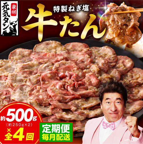 【定期便】ねぎ塩 牛たん 500g 全4回【毎月配送コース 牛タン 牛肉 焼肉用 薄切り 訳あり サイズ不揃い】 099Z457