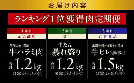 1位獲得の肉 定期便 全3回【牛肉 焼肉 牛タン ハラミ 牛ヒレ お肉 福袋 訳あり サイズ不揃い 毎月配送コース】