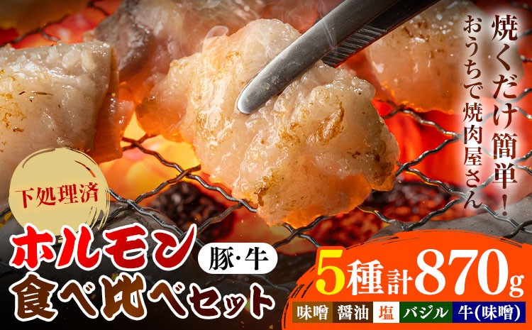 
                  ホルモン ホルモン食べ比べセット 豚・牛ホルモン5種セット 有限会社シンボリ・フーヅ（焼肉レストラン食道園）《30日以内に出荷予定(土日祝除く)》ホルモン 豚肉 牛肉 味付け 味付き 味噌 醤油 塩 バジル 焼くだけ簡単 真空パック 冷凍
                