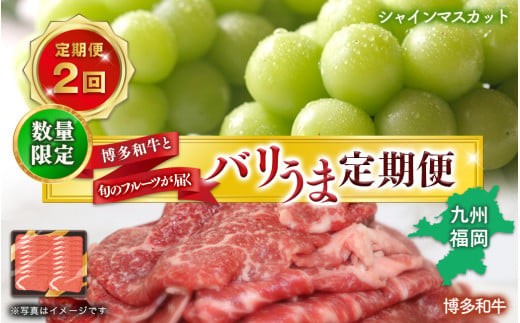博多和牛と旬のフルーツが届く！九州福岡バリうま定期便【全2回】B ＜配送不可：北海道・沖縄・離島＞ フルーツ 定期便 博多和牛 牛肉 牛 切り落とし シャインマスカット 季節のフルーツ 果物 おすすめ セット 産地直送 福岡県 八女市