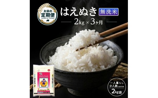 【定期便】庄内産無洗米はえぬき2kg×3ヶ月連続下旬発送 計6kg（7月～9月）