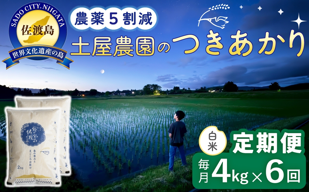 
                  【定期便 令和8年産新米 6か月】 佐渡島産つきあかり 白米 4Kg(2kg×2袋） 令和8年産新米 栽培期間中農薬5割減/農薬5割減 土屋農園 | 新潟県産つきあかり 新潟産つきあかり 佐渡産つきあかり つきあかり お米 米 白米 精米 おこめ コメ 4キロ にいがた さど 新潟県 佐渡市
                