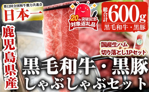 鹿児島黒毛和牛 鹿児島黒豚しゃぶしゃぶセット(300g×2P・計600g) ＆生ハム1P たれ付き 黒毛和牛 黒豚 国産【ナンチク】A1-v02