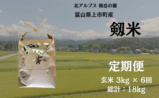 【毎月1回お届け】【定期便】【令和7年産】上市町産コシヒカリ「剱米」（玄米）3kg x 6回 計18kg　 [ソムリエH 富山県 上市町 32280253-r6-02】 米 ６ヶ月 6回定期便 定期購入 お米 コメ ご飯 ごはん 玄米ご飯 玄米ごはん こしひかり