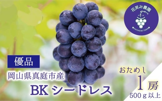 【2026年先行予約】岡山 花笑み農園の『BKシードレス』500g以上（中１房） B-中1 贈答用 濃厚 ぶどう 2026年9月中旬～ 受付順に発送予定 【hana083-01】