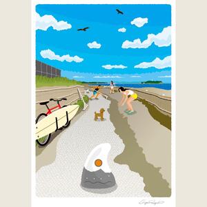 湘南・茅ヶ崎で描く、海を感じるイラストアート 『 湘南ランドスケープ12：茅ヶ崎から江ノ島へ、湘南サイクリングロード 』 ジークレーアートフレーム （大/木地仕上げ） /絵画 風景 版画