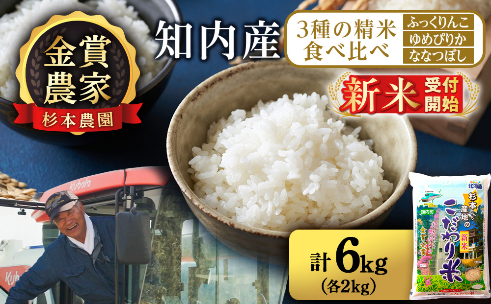【令和8年産新米予約】★金賞農家★が作る精米食べ比べ3種セット「ふっくりんこ、ゆめぴりか、ななつぼし(各2kg)」 計6kg 《杉本農園》