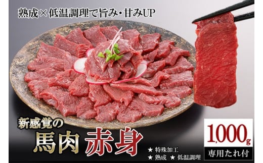 【令和8年3月出荷分】厳選 馬肉 赤身 1000g 1kg 特許製法 氷温熟成 低温調理 加熱済 馬赤身 赤身肉 新感覚 焼いたらもっと美味しい 旨みたっぷり 小分け 専用醤油 タレ付 真空パック 熊本 阿蘇 小国町