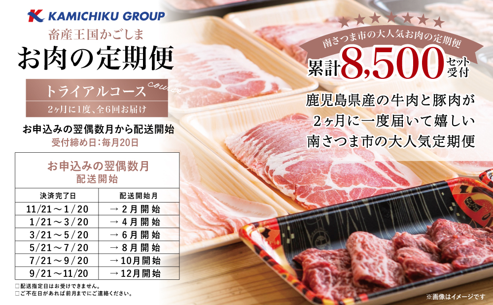 【定期便全6回】情熱牧場 鹿児島県産お肉の定期便 トライアルコース お肉 すき焼き しゃぶしゃぶ 焼肉 BBQ A5等級 黒毛和牛 牛肉 豚肉 スライス 小分け 定期便 冷凍 カミチク 南さつま市