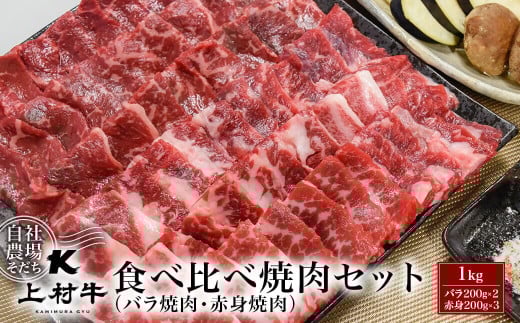 【カミチク】カルビ・赤身食べ比べ焼肉セット1kg 小分け 宮崎県産上村牛＜1.8-15＞焼肉 牛肉 焼き肉