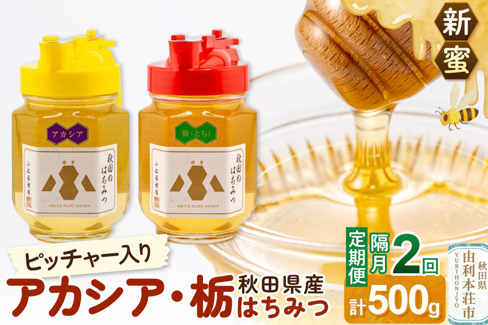 【定期便隔月・2回】【新蜜】小松養蜂場 はちみつ 秋田県産100％ ピッチャー入 アカシア・栃蜂蜜セット 合計500g （アカシア蜂蜜250g、栃蜂蜜250g） [はちみつ ハチミツ 蜂蜜 国産 秋田