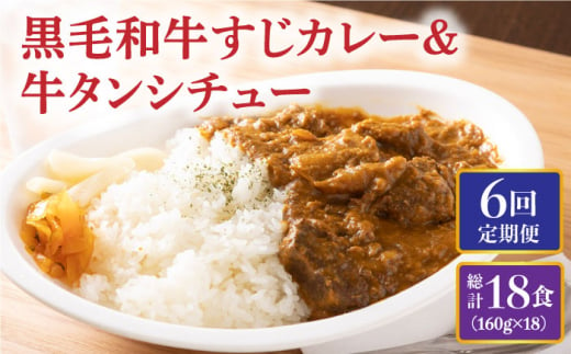 【全6回定期便】 黒毛和牛 牛すじカレー ＆ 牛タンシチュー 毎月3食 長与町/炭火焼肉あおい [EBW008] 黒毛和牛 カレー かれー 牛すじカレー 牛スジカレー 牛タン 牛たん シチュー レトルト 簡単 常温 定期便