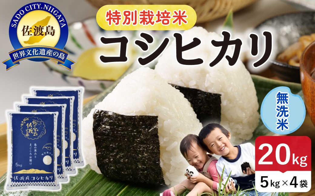 
                  佐渡島産コシヒカリ 無洗米20kg（5kg×4袋）令和7年産 特別栽培米 農薬・化学肥料5割減 単一原料米 | 新潟県産コシヒカリ 新潟産コシヒカリ 佐渡産コシヒカリ 新潟県産こしひかり 佐渡産こしひかり お米 米 無洗米 むせんまい 精米 おこめ コメ 20キロ 大容量 にいがた さど 新潟県 佐渡市
                