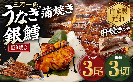 三河一色産 うなぎ蒲焼き中3尾+銀たら照り焼き3切れ（1切れ60g以上）｜ 鰻 かば焼き 銀鱈 タラ タレ付き 簡単調理 冷凍