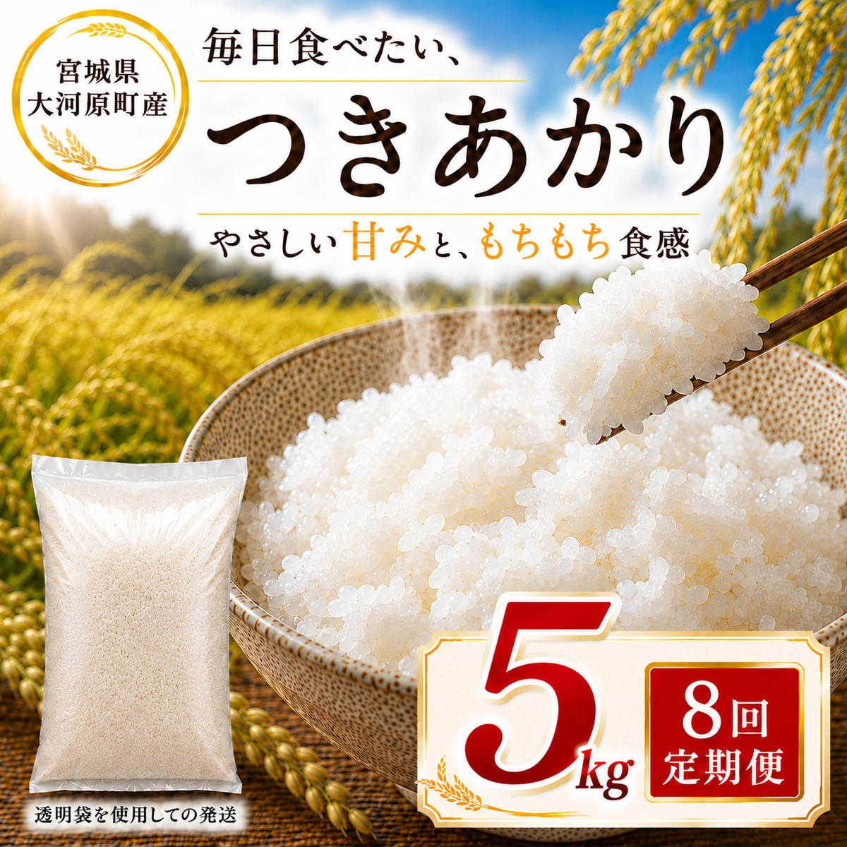 つきあかり 定期便 8回/5kg×1袋 令和8年産 新米 ブランド米 白米 精米 【小分け】 宮城県大河原町産
