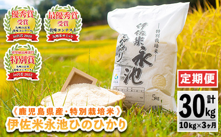 isa541 【定期便】令和6年産 新米 特別栽培米 伊佐米永池ひのひかり(計30kg・10kg×3ヶ月)鹿児島 伊佐市 永池 お米 米 白米 精米 伊佐米 食味コンテスト 最優秀賞受賞 ヒノヒカリ【エコファーム永池】