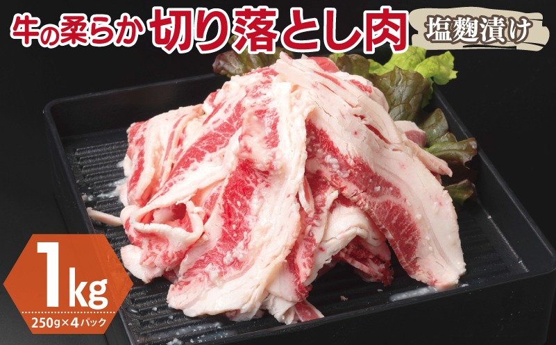 099H3389 牛肉 切り落とし 塩麹漬け 合計1kg【味付け 小分け 焼くだけ 簡単調理 BBQ 牛肉 250g×4袋】