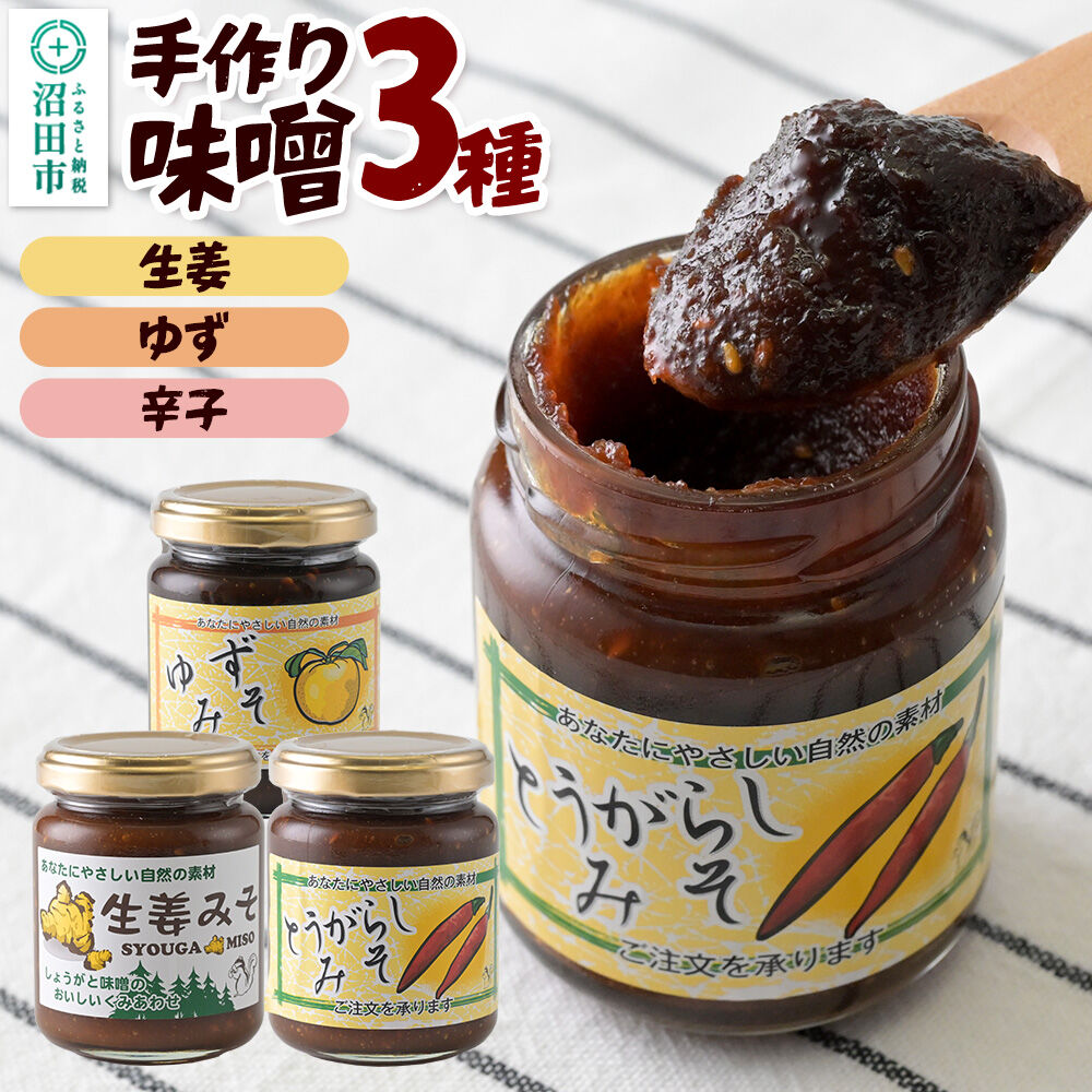 手作り味噌3種セット（生姜、ゆず、辛子） 【菓子工房 ミセス・マサコ】 [味噌 国産 長期保存 素朴 みそ ミソ ご飯のお供や野菜と一緒に お取り寄せ]