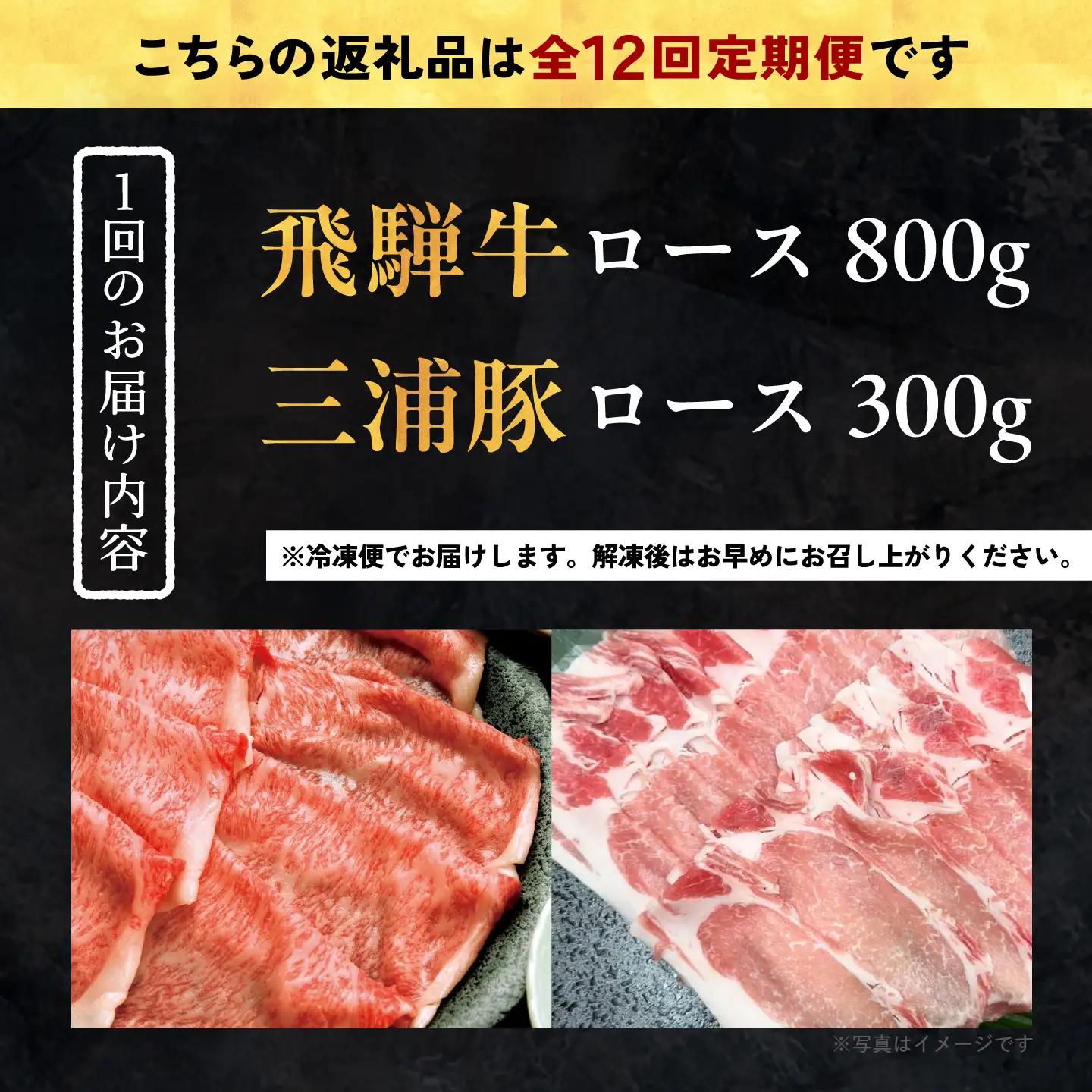 【12回定期便】 飛騨牛ロース800g 三浦豚ロース300g 豪華しゃぶしゃぶセットA 各種類1パック / 恵那市 / 岩島屋 [AUAJ047]