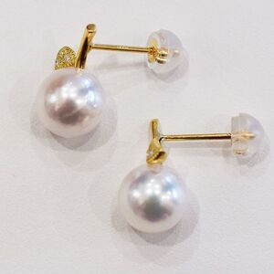 S085-486_あこや真珠 天草 ピアス りんご ダイヤモンド 0.02ct K18  7.5mm - 8mm ホワイトピンク 真珠 