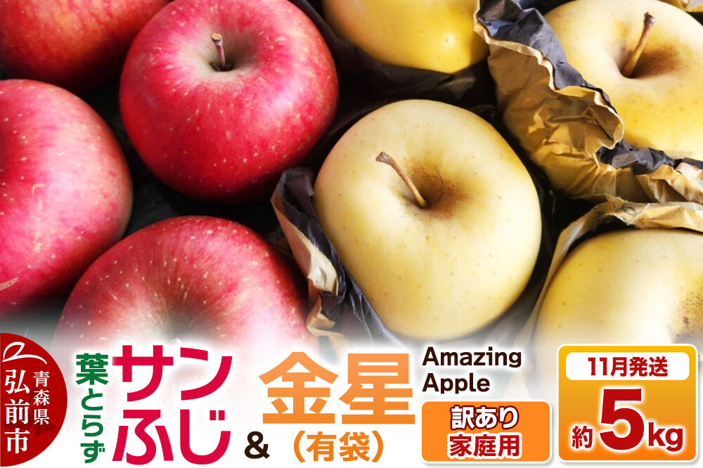 【26年11月下旬発送】りんご 葉取らずサンふじ＆金星（有袋）【訳あり】家庭用 約5kg 紅白セット [りんご サンふじ 葉とらず ふじ 金星 有袋 訳あり 家庭用 5kg 詰め合わせ セット アップル おいしい 果実 果物 赤色 黄色 美味 葉っぱ 林檎 青森県 弘前市]