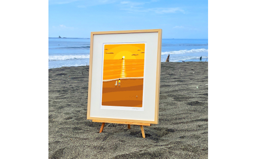 湘南・茅ヶ崎で描く、海を感じるイラストアート 『 湘南ランドスケープ07：夕焼け、光の道 』 ジークレーアートフレーム （大/セピアカラー） /絵画 風景 版画