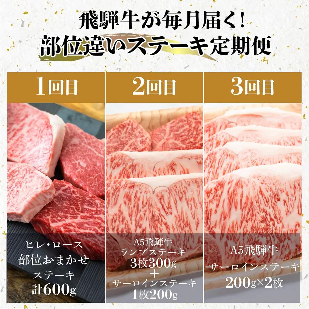 【定期便 3ヶ月】＜全3回＞ A5飛騨牛 ステーキ（ヒレ／ロース／ランプ／サーロイン）| 定期便 BV103