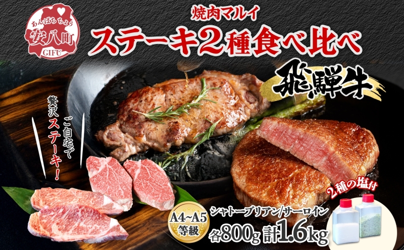 飛騨牛 ステーキ 2種 食べ比べ 計約1.6kg シャトーブリアン サーロイン 各約800g 肉 牛肉 和牛 ブランド牛 お肉 ビーフ A4ランク A5ランク 国産 お取り寄せ ご褒美 豪華 グルメ 焼肉 BBQ 人気 贈り物 自家用 贈答用 送料無料 焼肉マルイ 岐阜県 安八町