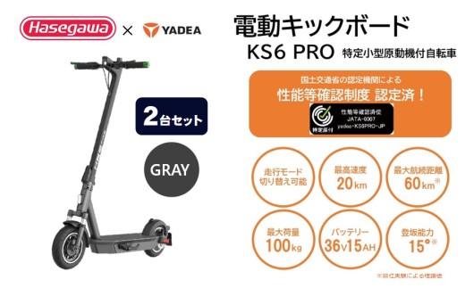 【特定小型原付モデル】【２台セット】公道走行が可能な電動キックボード KS6 PRO グレー【ハセガワモビリティ×YADEA】（1050-1）