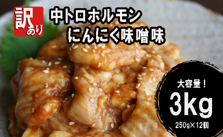 【 訳あり 】 中トロ ホルモン 3kg にんにく味噌味 ： 250g×12袋 焼肉 ホルモン焼き 不揃い シマ腸 シマチョウ 小腸 おつまみ 味噌 味付 小分け 冷凍 牛 内臓 肉