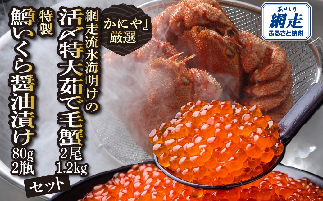 
                  かにやの厳選網走流氷海明けの「活〆特大茹で毛蟹2尾で1.2㎏」と「特製鱒いくら醤油漬け80g×2瓶」セット 【ふるさと納税 人気 おすすめ ランキング かに カニ けがに ケガニ 毛蟹 茹で毛蟹 鱒いくら 鱒イクラ 鱒いくら醤油漬け 鱒イクラ醤油漬け いくら丼 イクラ丼 流氷海明け オホーツク 北海道 網走市 送料無料】 ABAO128
                