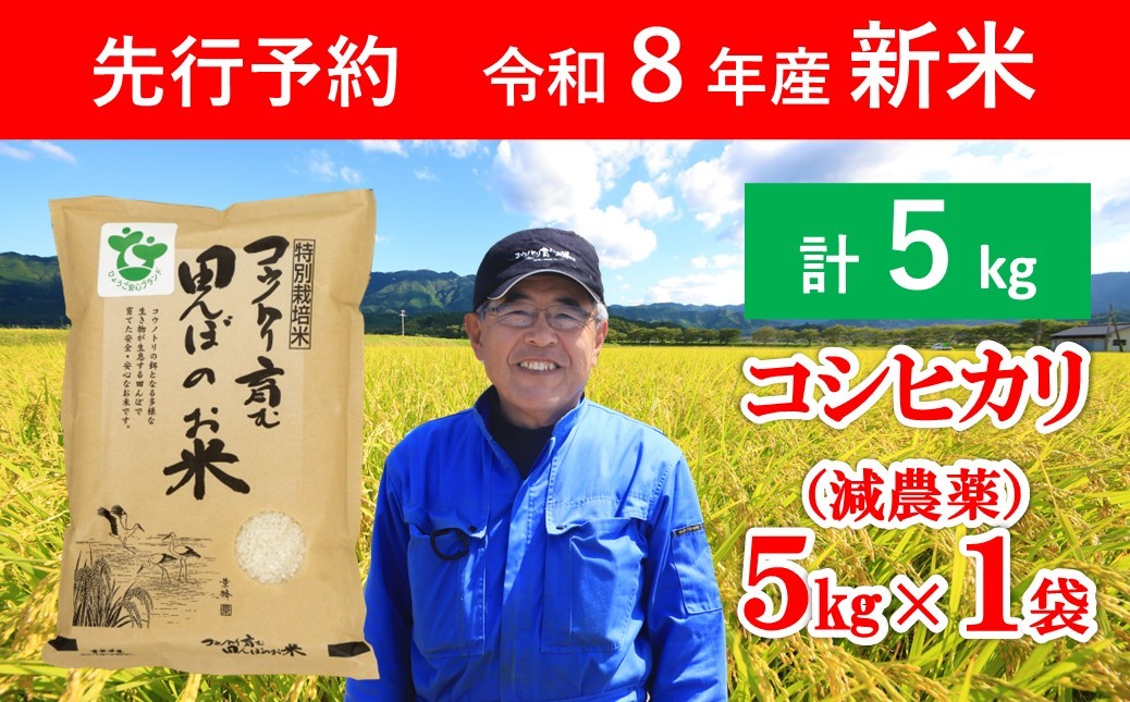 
                  先行予約 令和8年産 新米 特別栽培米 コウノトリ育む田んぼのお米 5kg（5kg×1袋）【 先行予約 令和8年産 新米 減農薬 コシヒカリ お米 安心 安全 良質 特別栽培米 美味しい 5㎏ コウノトリ 村上ファーム 】
                