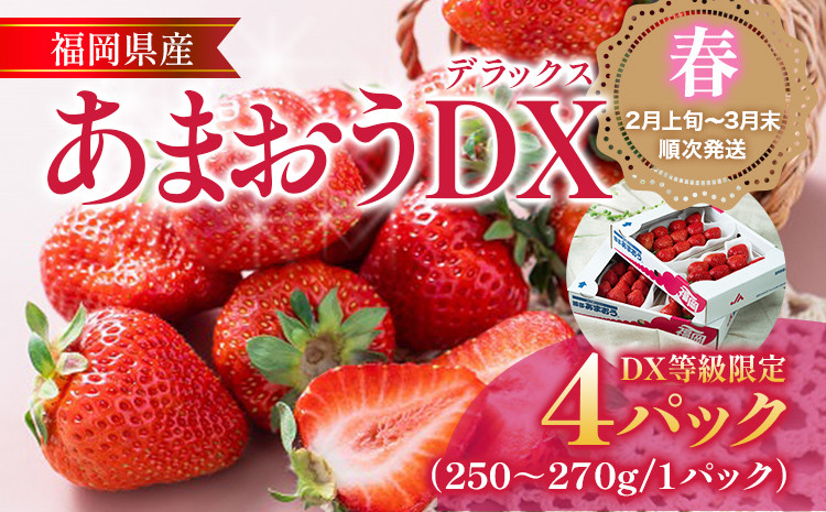 
            福岡産【春】あまおうDX（デラックス）4パック いちご 苺 果物 フルーツ 九州産 福岡県産 冷蔵 送料無料 【2月上旬発送開始予定】 イチゴ フルーツ 果物 くだもの ブランド 国産 甘味 果汁
          