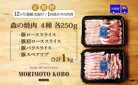 12カ月定期便 森本工房 森の焼肉 飛騨・美濃けんとん 4種 セット計1kg 各250g 焼肉 肉 お肉 豚肉 ブランド豚 ポーク 豚バラ スペアリブ ロース 肩ロース 食べ比べ 詰め合わせ BBQ 